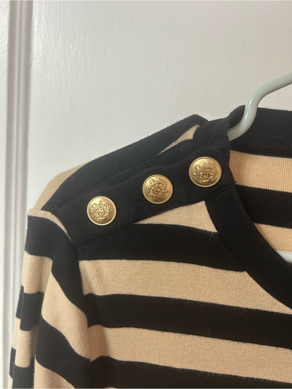 J. Crew Black and Tan Striped Button-Shoulder Long Sleeve Top - Picture 4 of 5